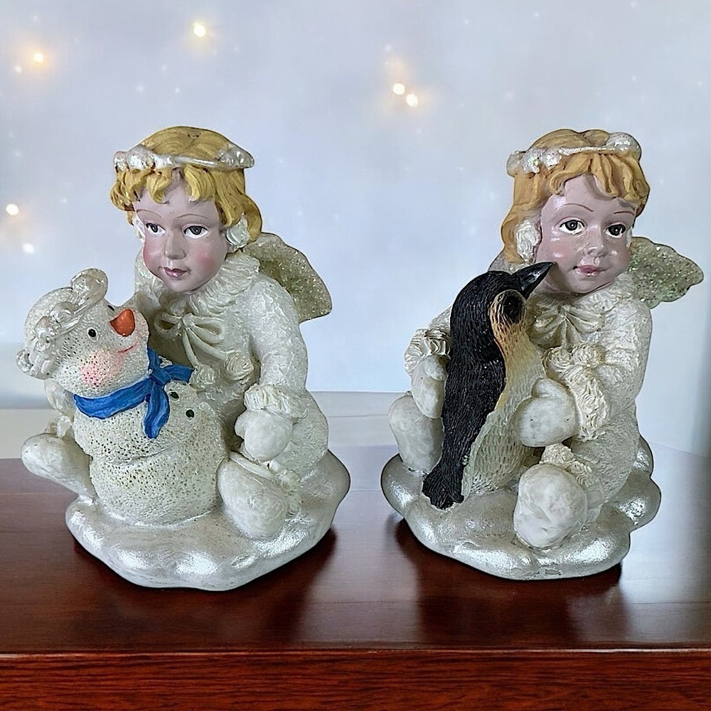 Vintage Snow Angel Figurines Christmas Collectible Snowman Pinquin Glitter Wings